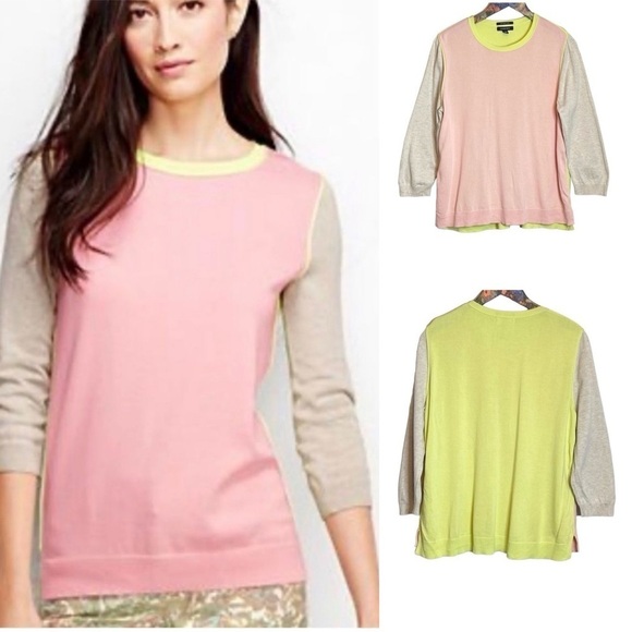 Lands End | Sweater 100% Supima Cotton Side Slits Colorblock - Picture 1 of 7